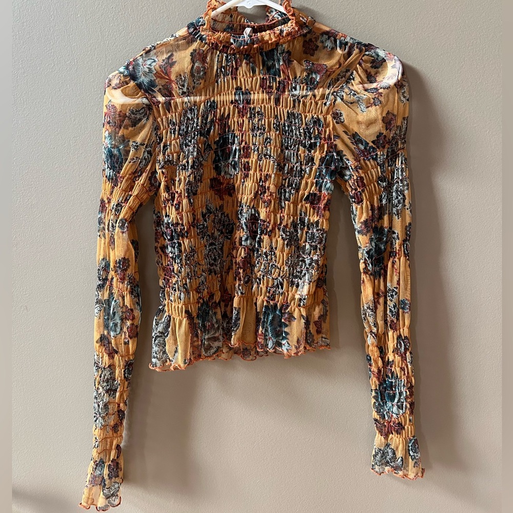 Free People Floral Ruched Mesh Top